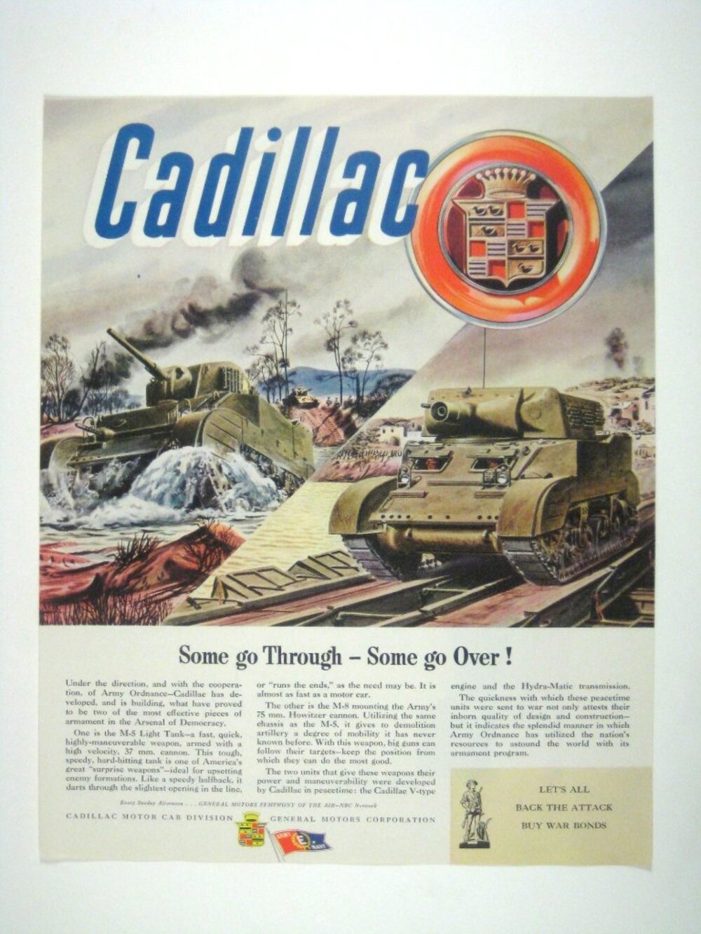Vintage 1944 Cadillac Print Ad  WWII Military Tanks Some Go Through Some Go Over
